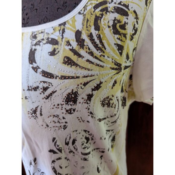 Christopher & Banks Womens XL T-Shirt Yellow & Brown Scroll Print Rhinestones - Picture 3 of 7
